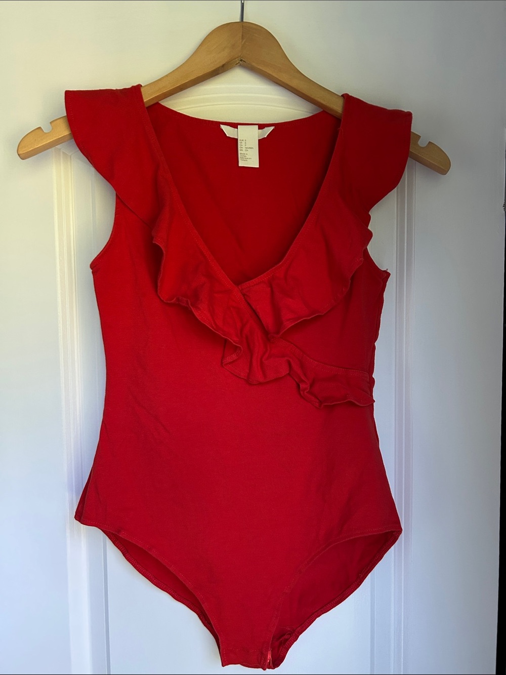 H&M Vibrant Red-Orange Ruffle V-Neck Bodysuit